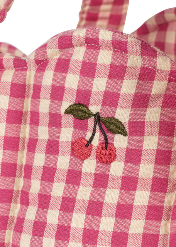 Premium cotton gingham baby doll carrier featuring timeless pink and white checkered design