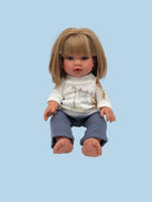Bebenita doll wearing original bunny print sweater and coordinating grey pants, handmade in Poland