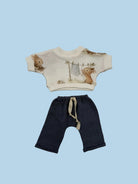 Two-piece bunny print doll outfit handcrafted in Poland from OEKO-TEX certified cotton, fits 11–14 inch dolls