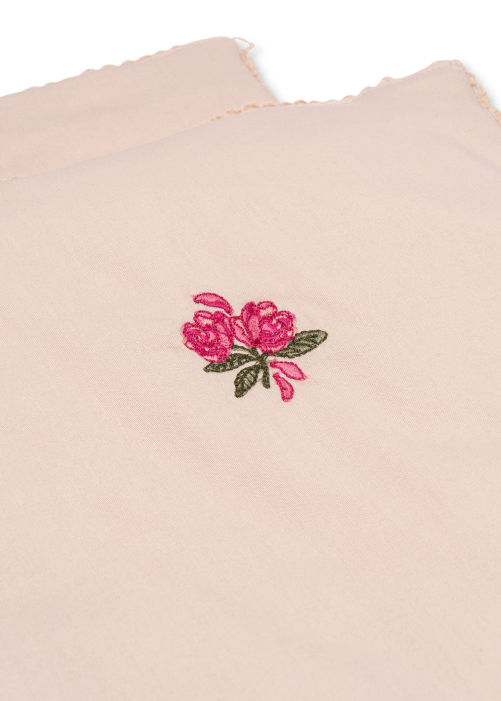 Premium cotton doll bedding featuring elegant floral embroidery on cream and pink