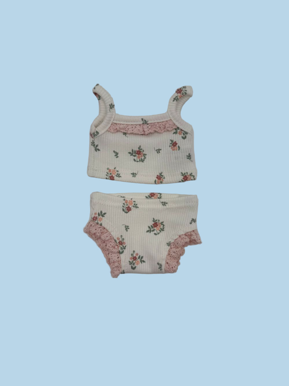 Ribbed two-piece doll outfit coral bloom floral print 13 inch French cotton OEKO-TEX certified