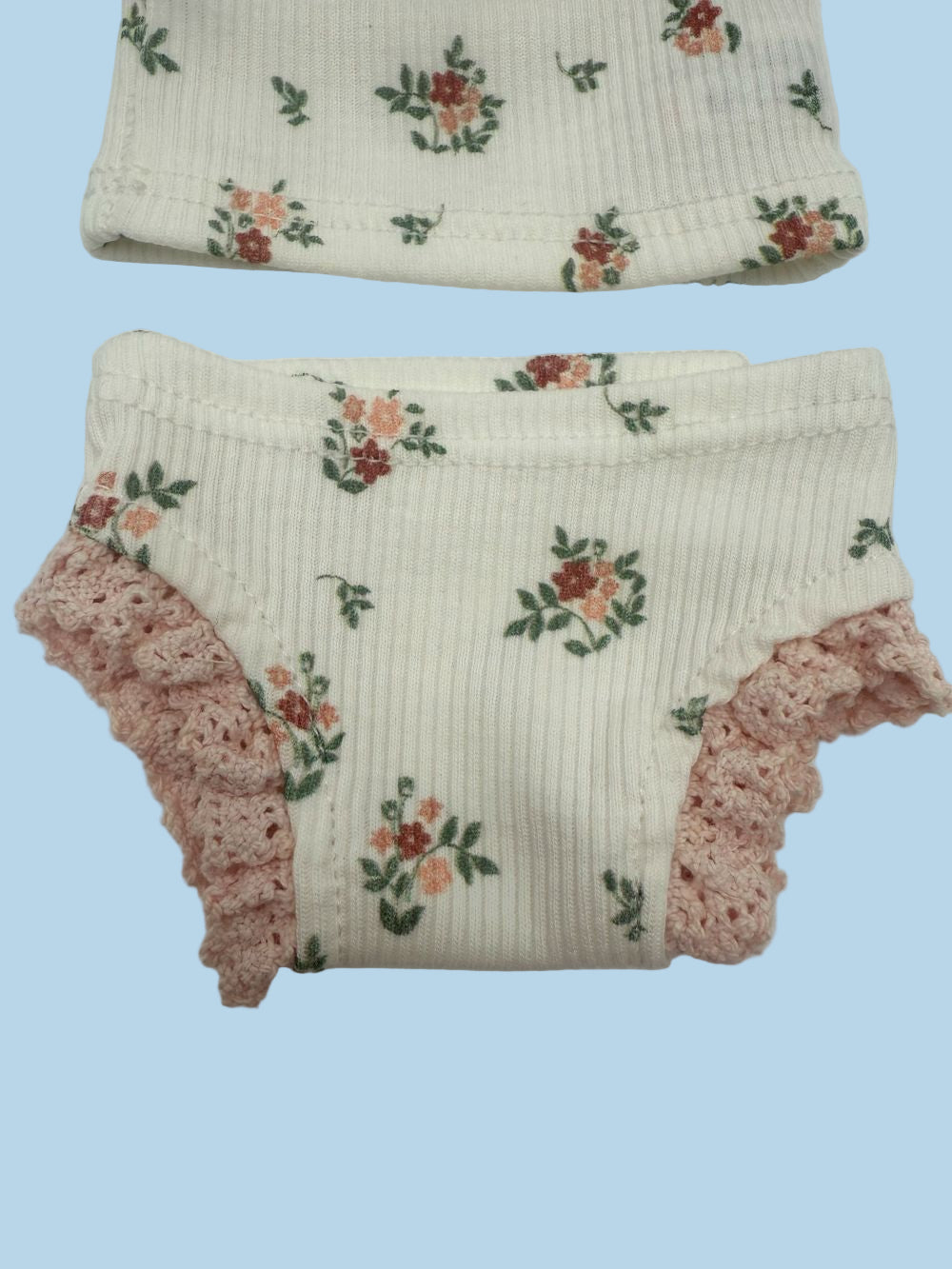 French made doll outfit two-piece ribbed cotton coral floral print with lace details