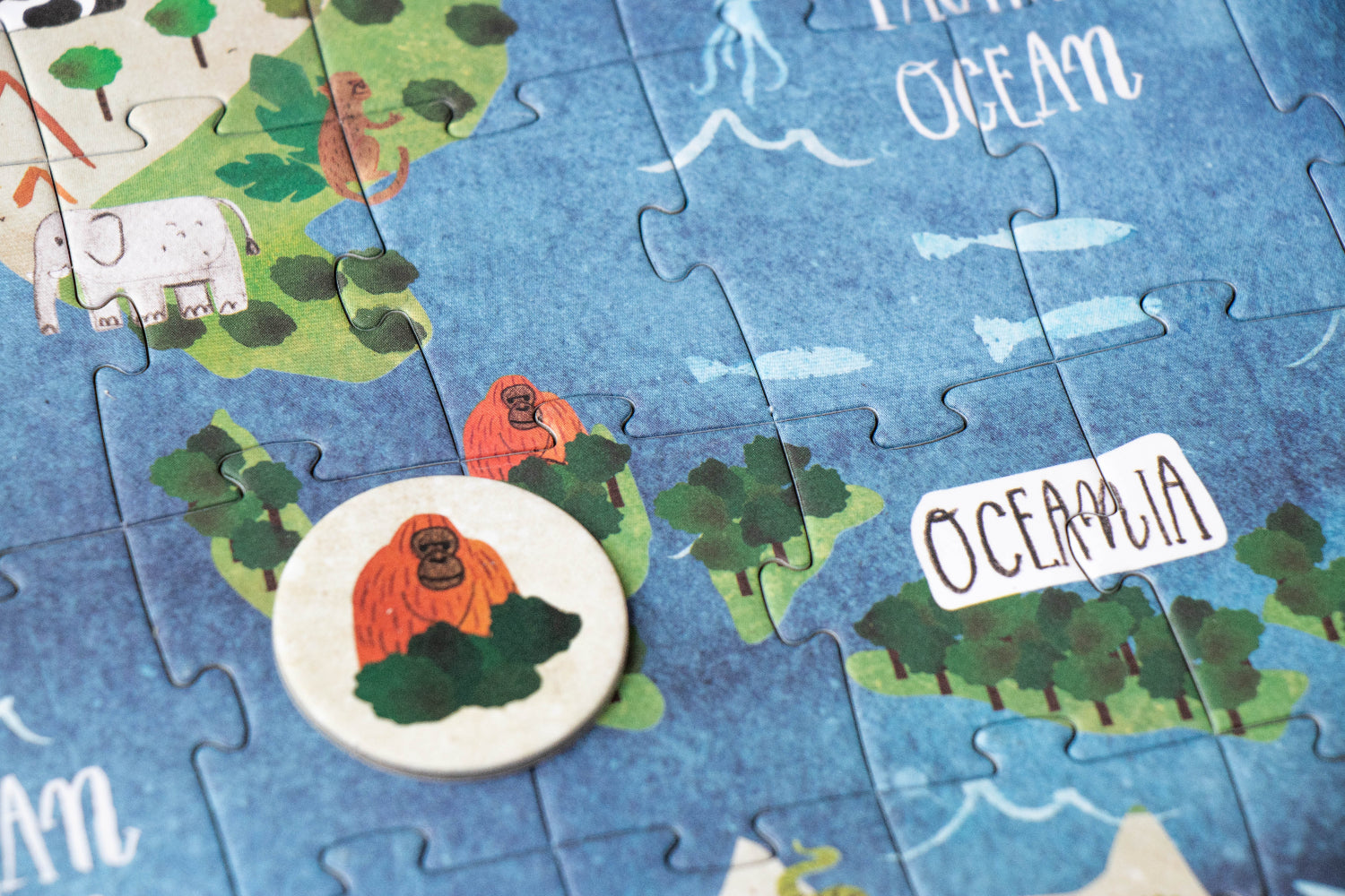 Children's puzzle with a map of Oceania and an orangutan figure.