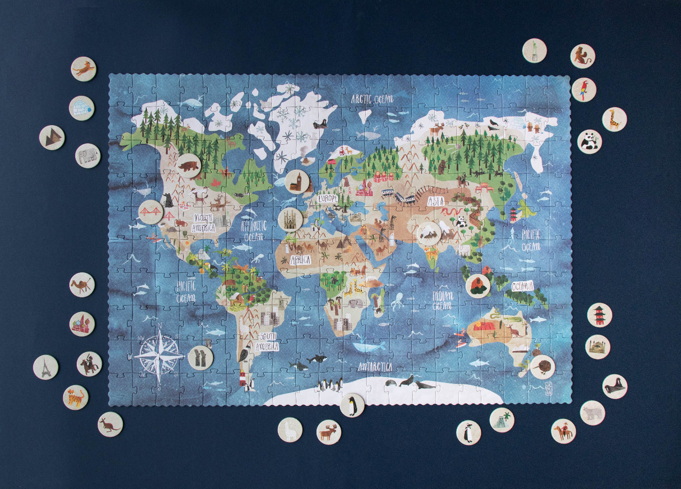 World map puzzle on a dark blue background
