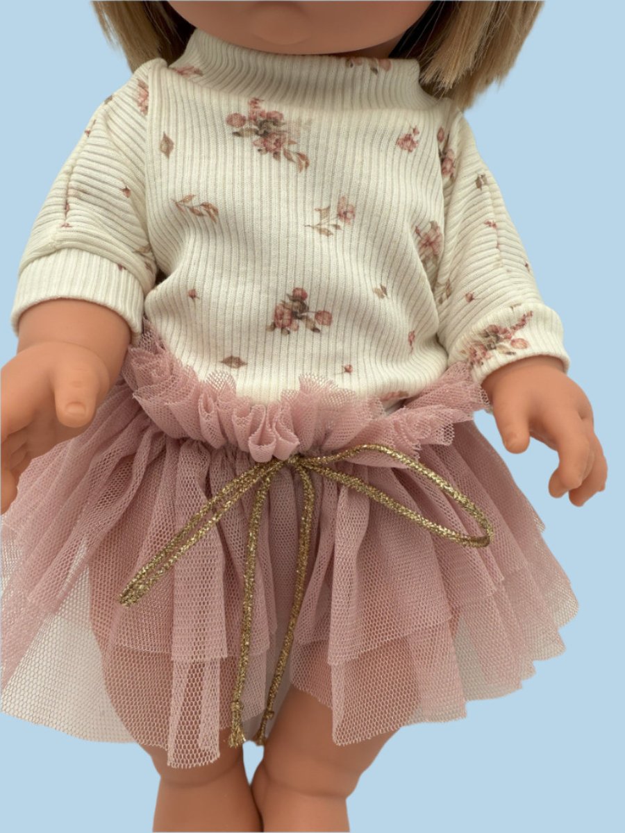 Soft cotton doll sweatshirt scattered blooms with pink tulle skirt