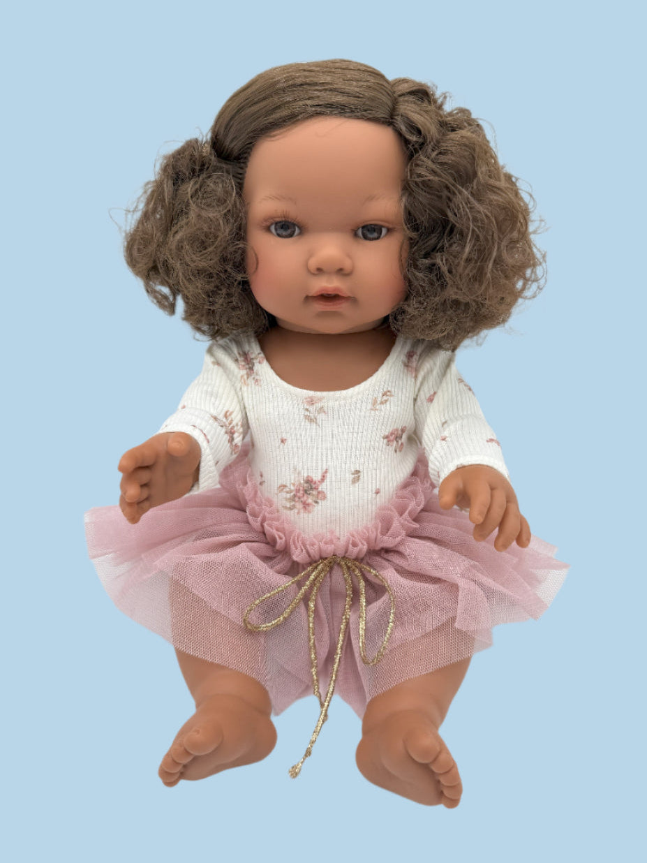 Gentle floral doll outfit bodysuit with gold ribbon tutu details