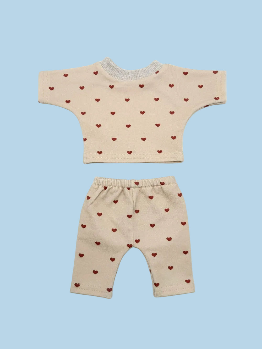 Dreamy Mauve Hearts doll sweatshirt set with mauve hearts on taupe fabric for 13-inch dolls