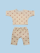 Dreamy Mauve Hearts doll sweatshirt set with mauve hearts on taupe fabric for 13-inch dolls
