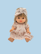 Doll outfit with coordinating headband in scattered mauve heart print