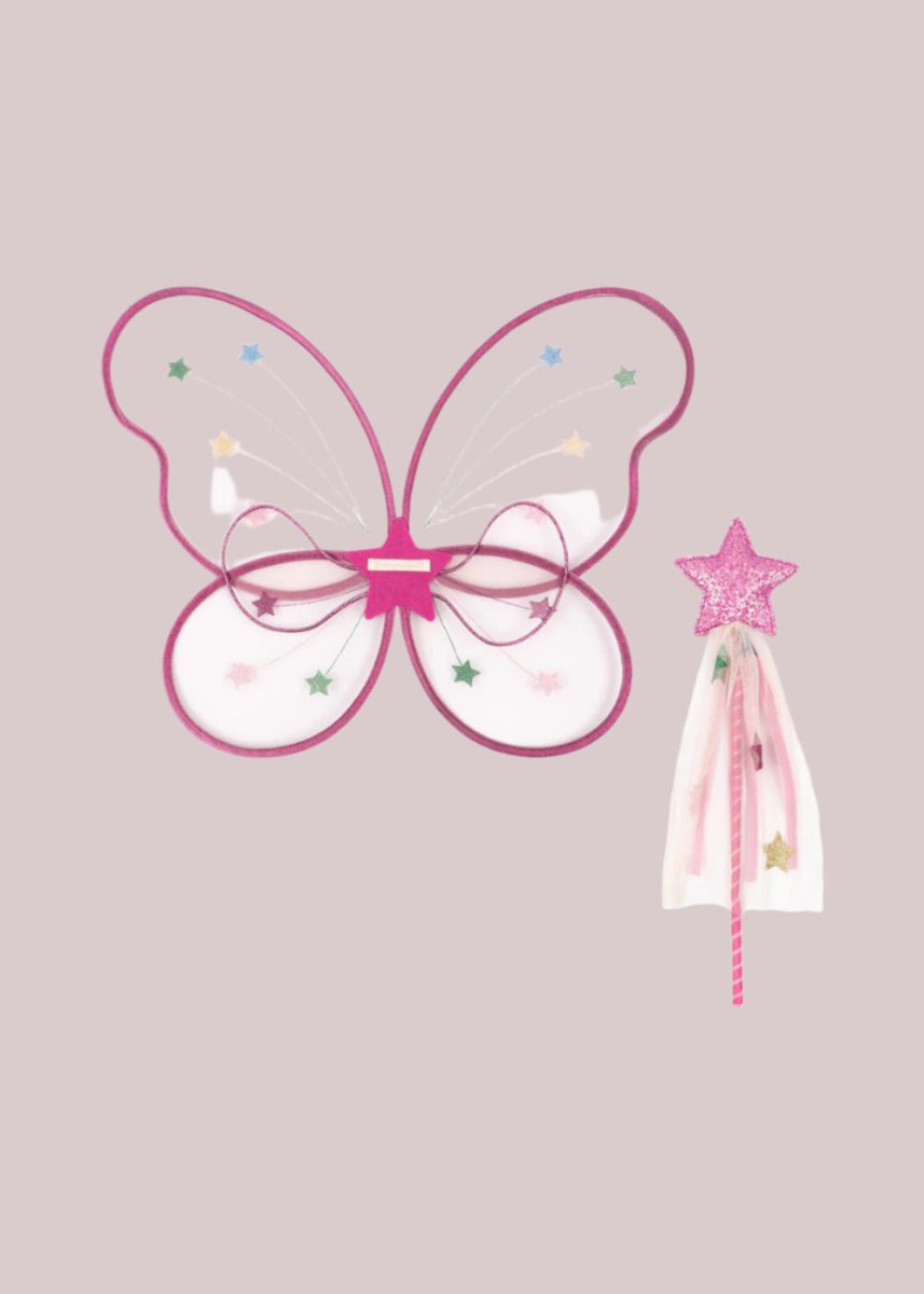 Pink-trimmed fairy costume with star details for magical playroom adventures