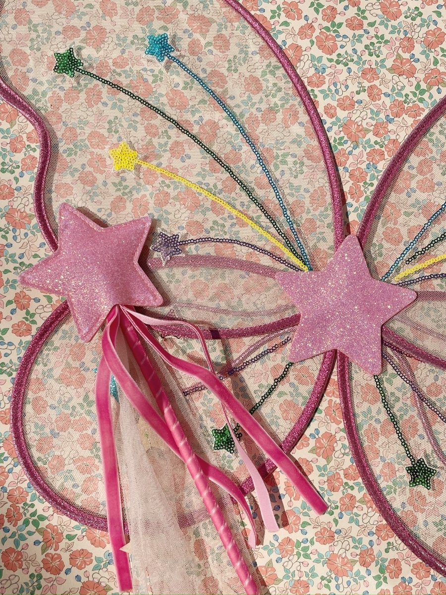 Children's fairy dress-up accessories featuring wings and star wand for creative play
