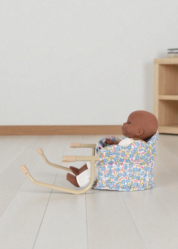 Side view of Fleur Rosier table chair showing comfortable padded backrest and proper seating angle for realistic doll dining