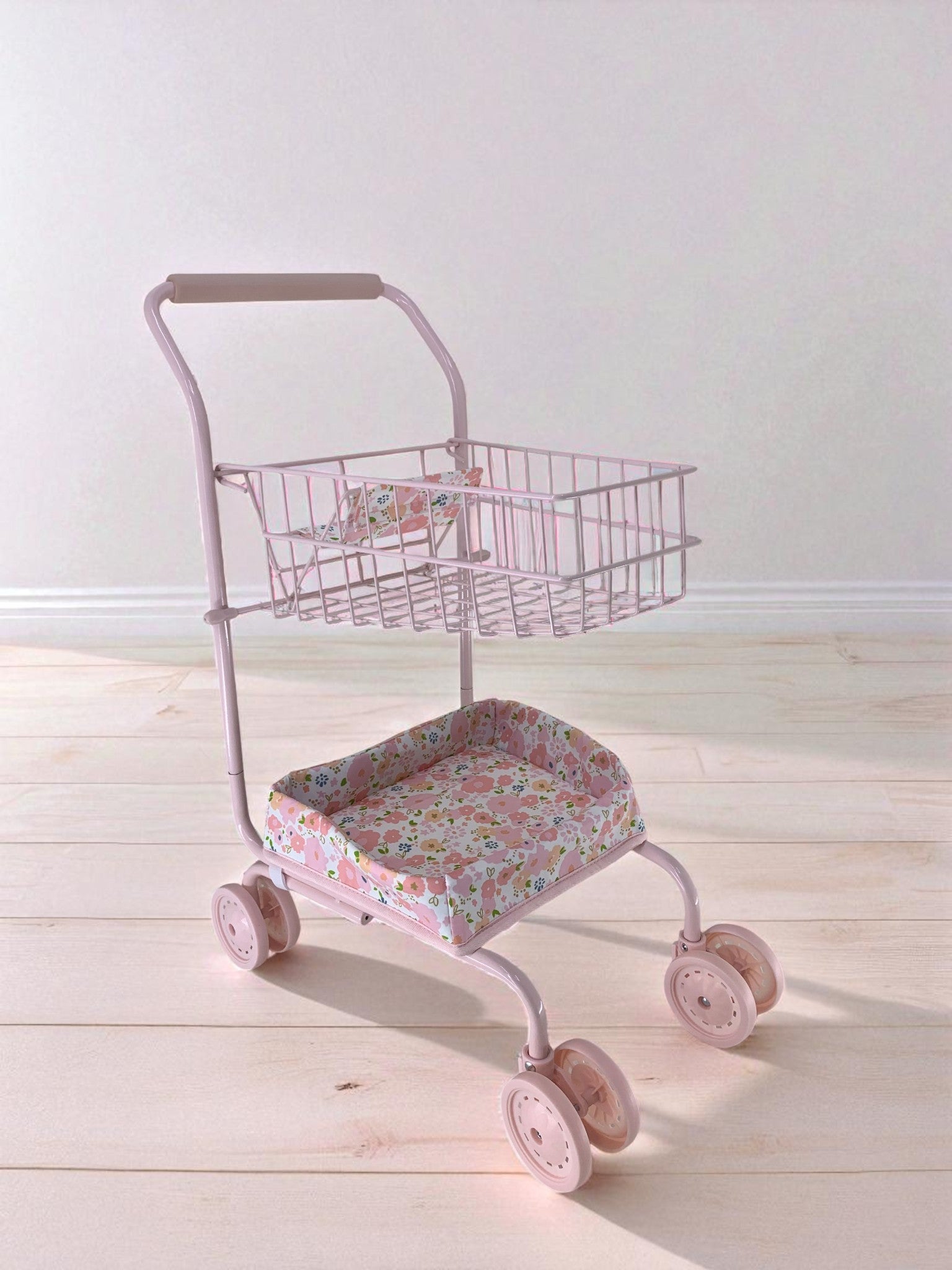 Professional-grade front wheels on shopping cart showing smooth-rolling capability for easy navigation