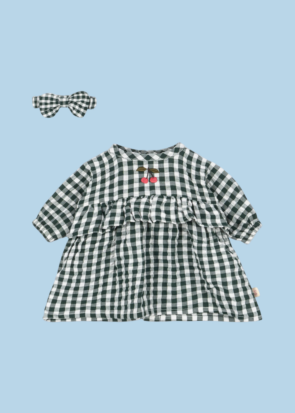 Green gingham doll dress with matching bow headband and cherry embroidery for 18-inch dolls