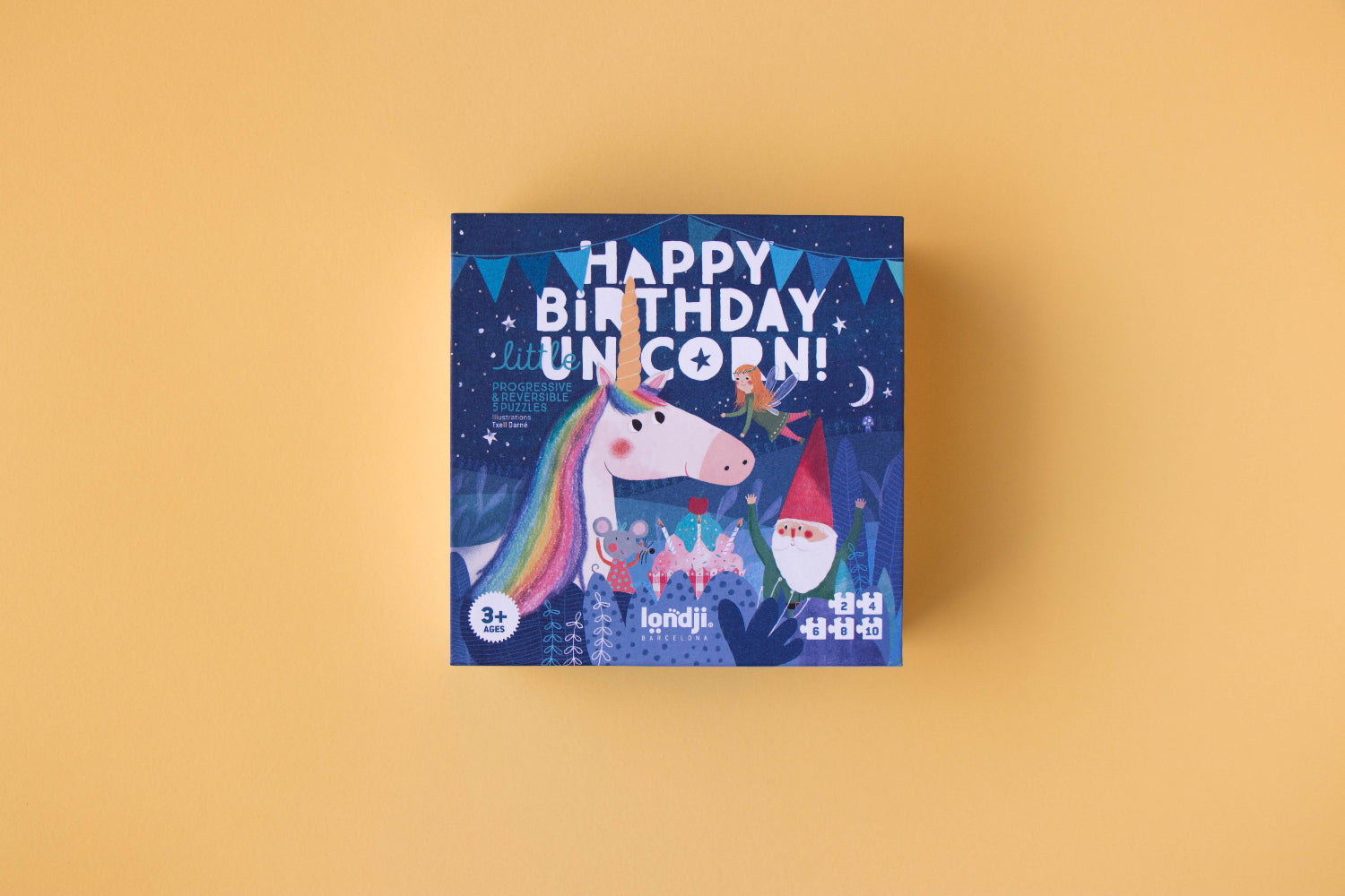 Children's puzzle titled 'Happy Birthday, Unicorn!' on a yellow background