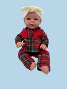 Complete doll sleepwear set in classic red, navy, and green tartan pattern with notched collar