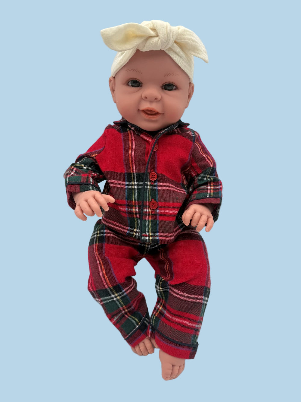 Traditional Scottish plaid doll pajamas with working buttons and elastic waist for realistic caregiving play