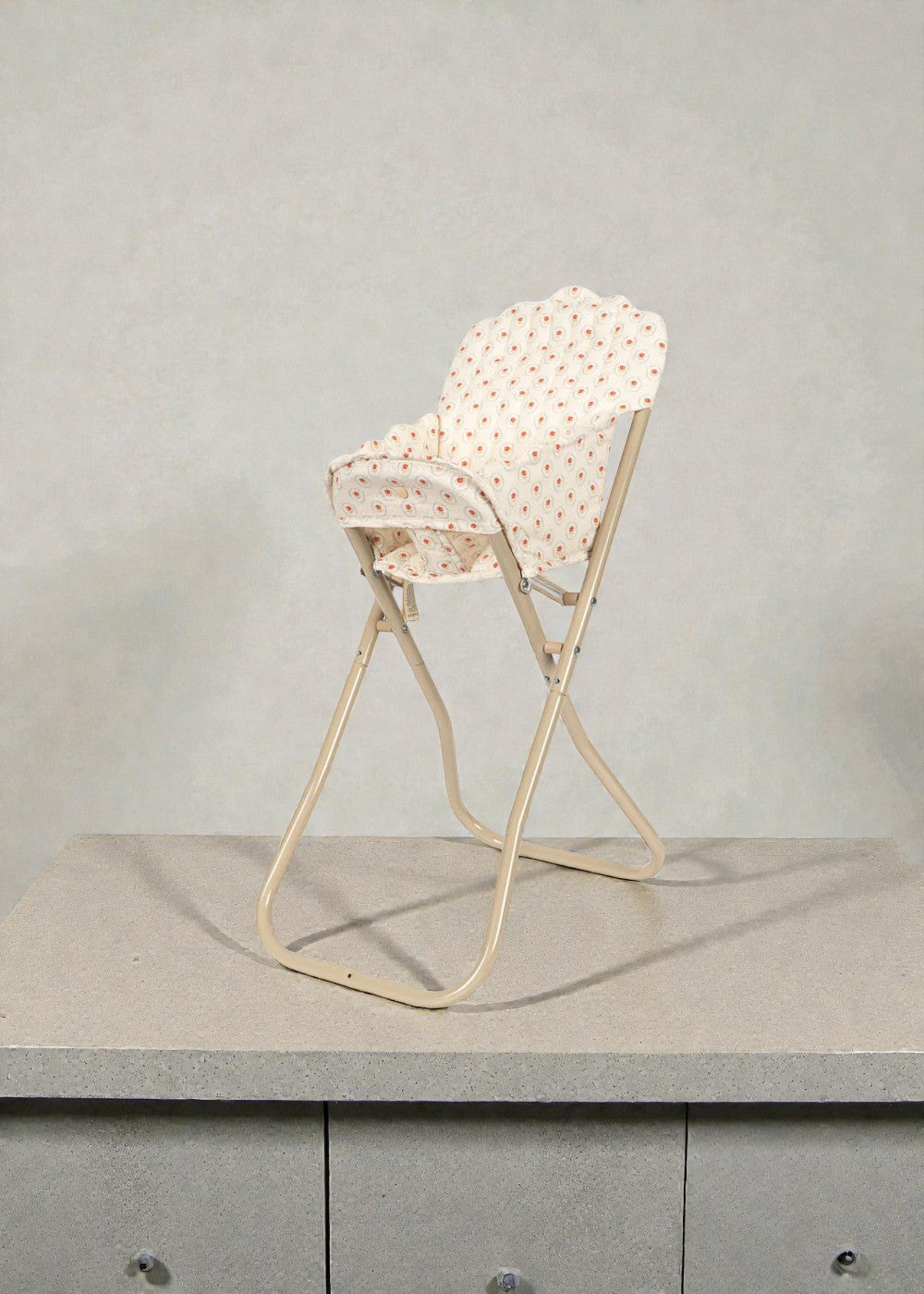 Danish design feeding chair with removable washable fabric for pretend mealtime play