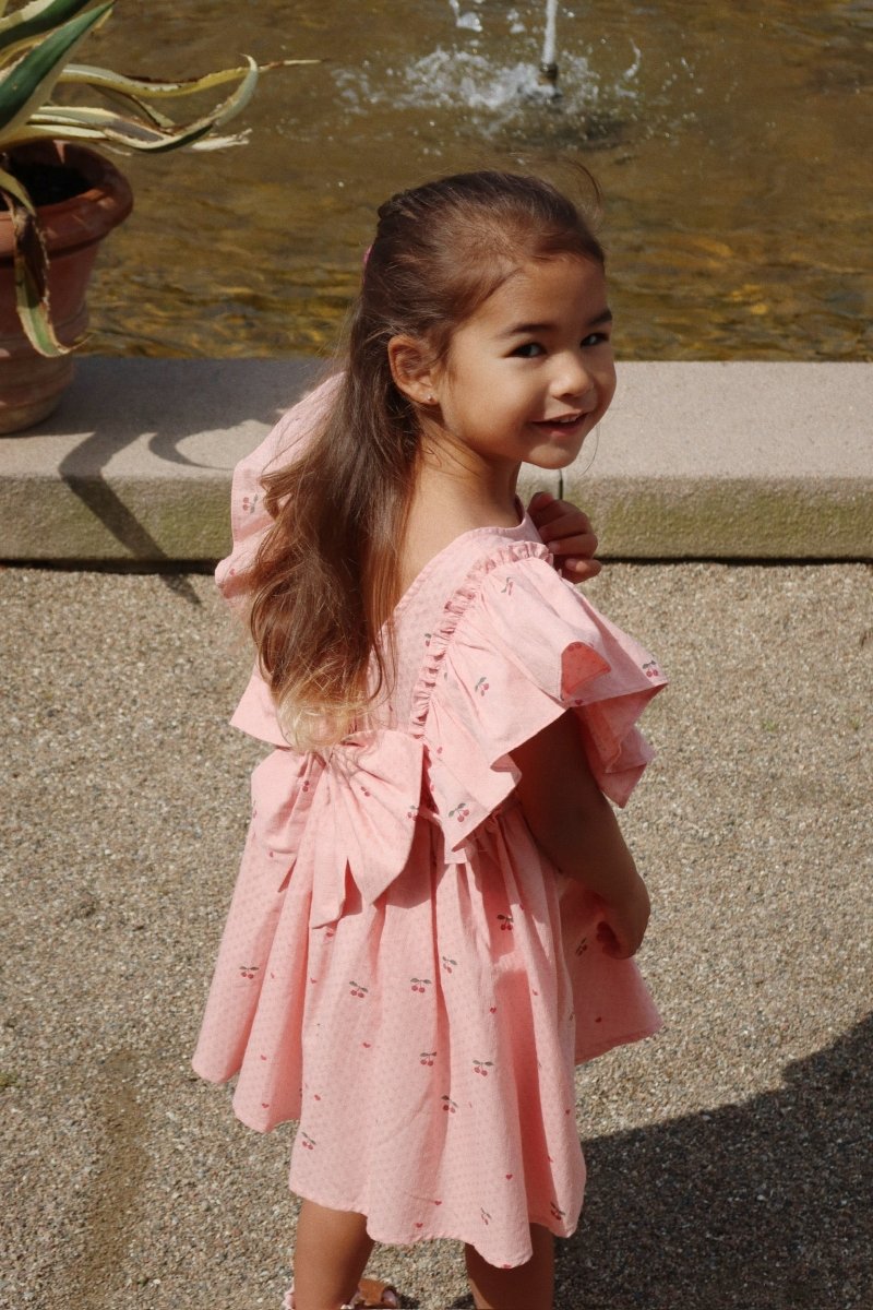 Evia Bow Dress: Organic Cotton Cherry Print Dress with Back