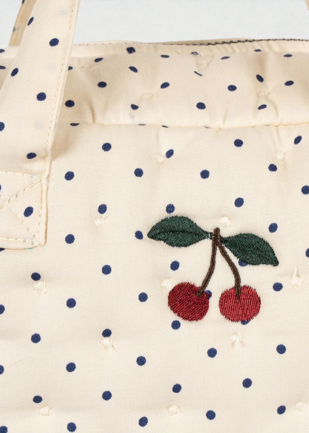 OEKO-TEX cotton diaper bag showing cream fabric with blue polka dot pattern