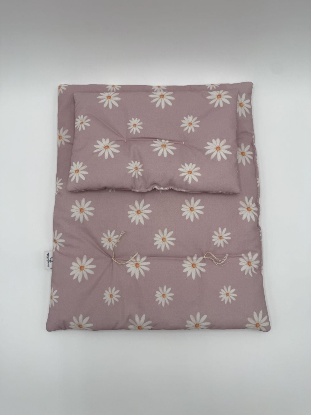 Hand-stitched cotton doll pillow and blanket lavender daisy print bedding set