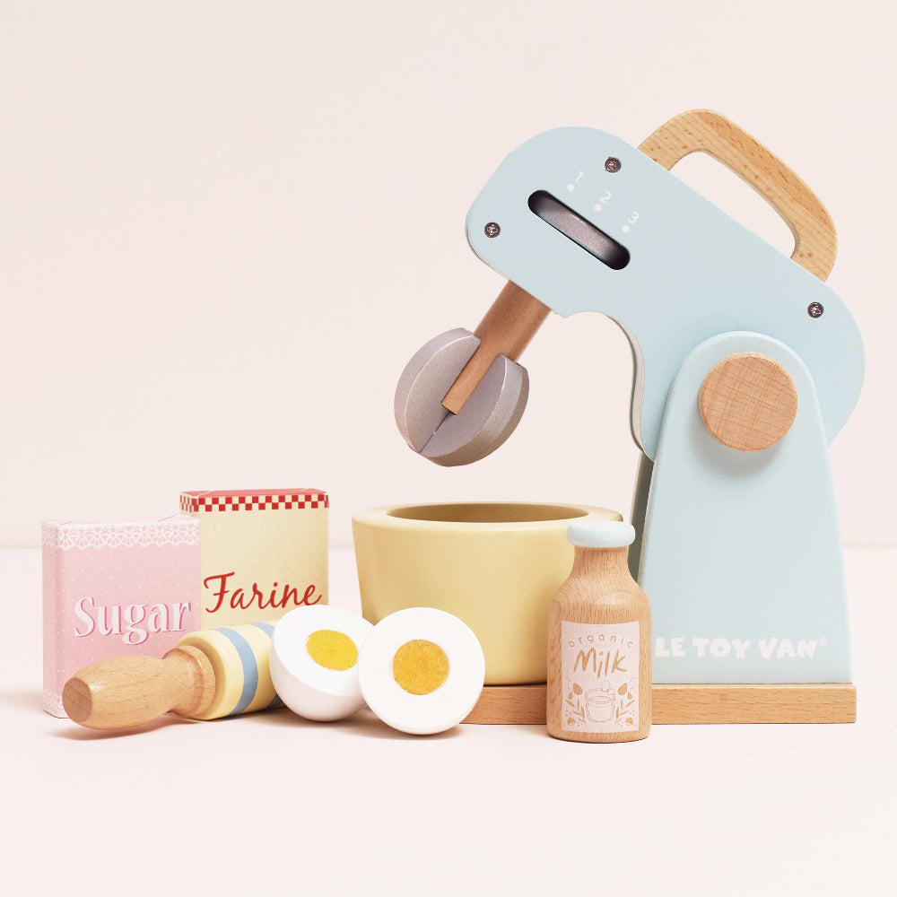 Le Toy Van wooden baker's mixer set with ingredients in pastel colors