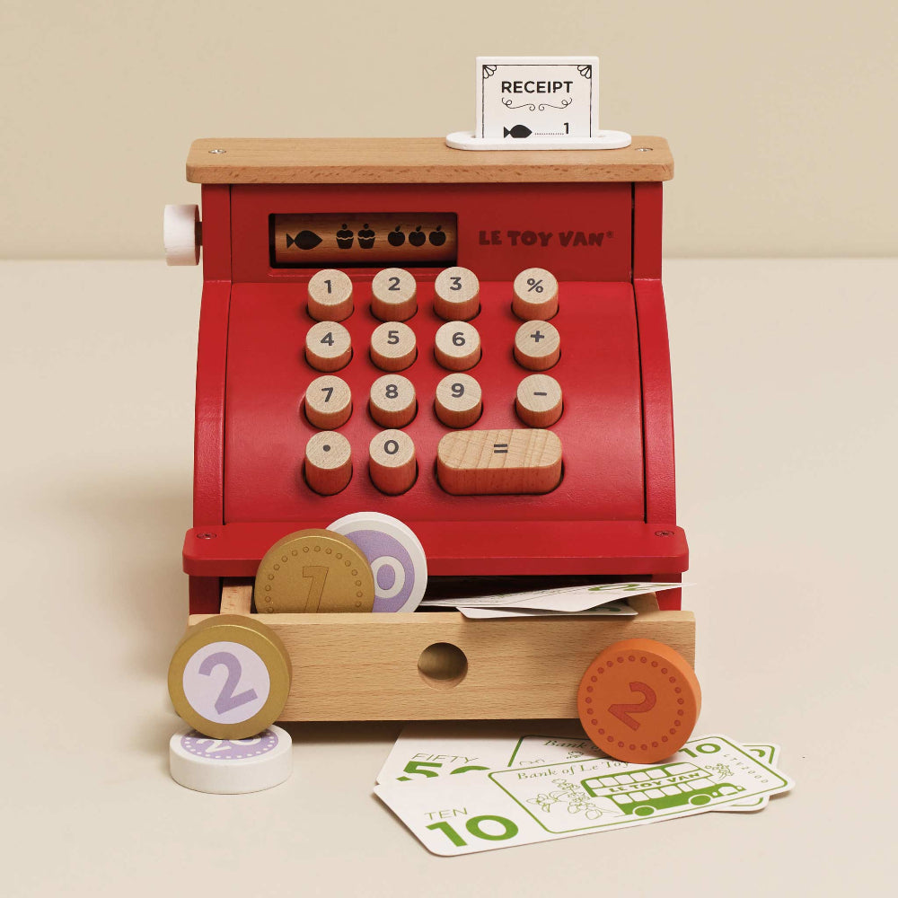 Le Toy Van wooden cash register in red with gold details and play money
