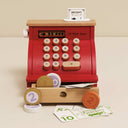 Le Toy Van wooden cash register in red with gold details and play money