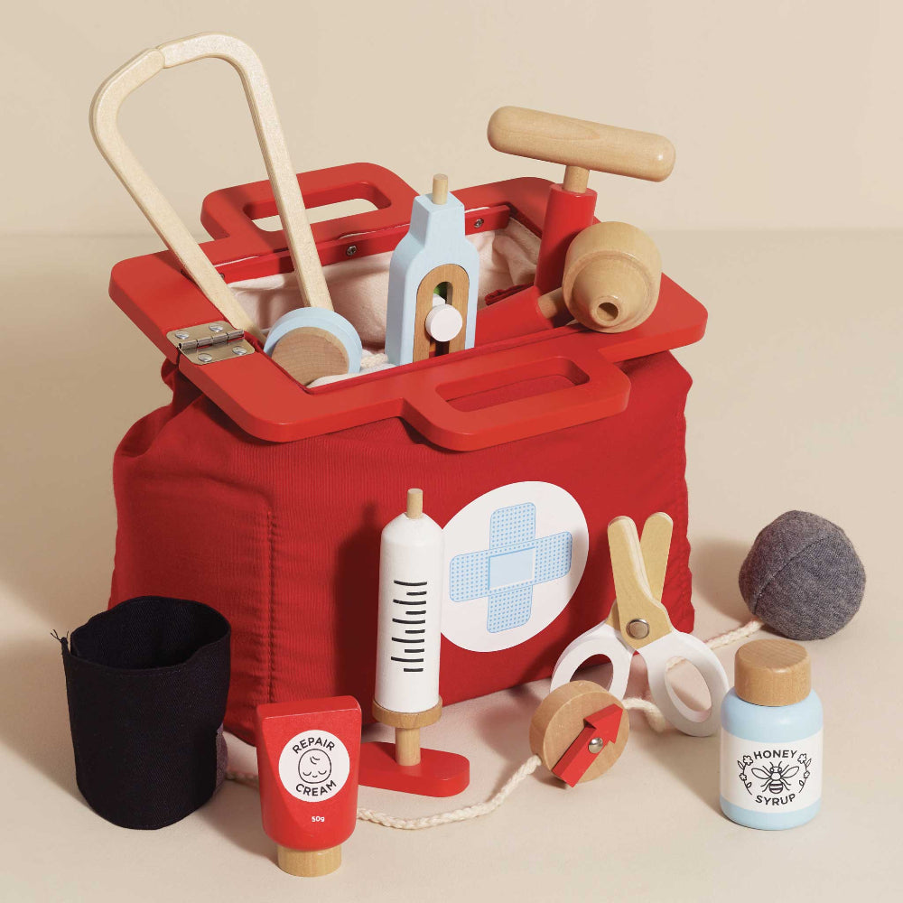 Wooden medical play set with stethoscope thermometer and accessories