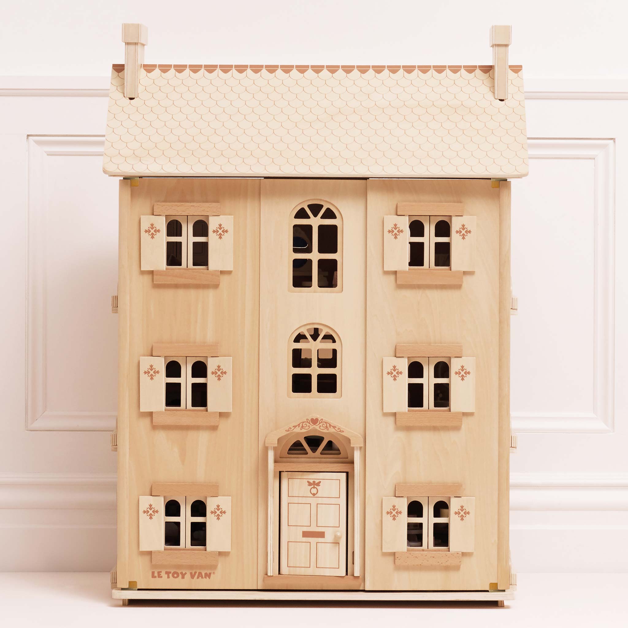 Natural wood dollhouse with six rooms opening windows and shutters