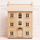 Natural wood dollhouse with six rooms opening windows and shutters