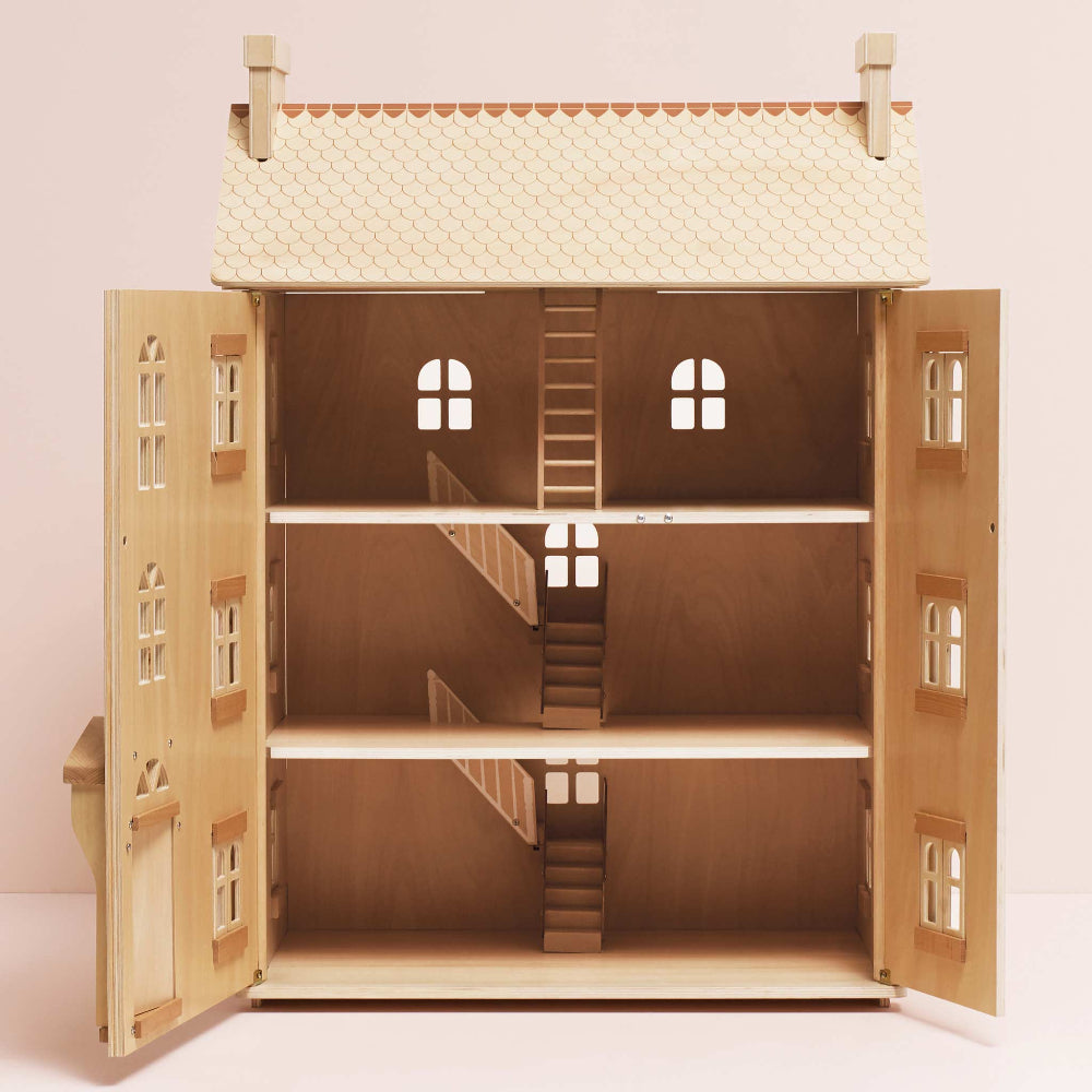 FSC-certified wooden dollhouse showing interior staircase and attic ladder