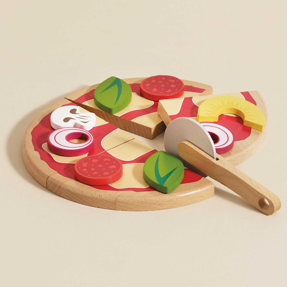 British made sliceable wooden pizza with toppings in pizza box packaging