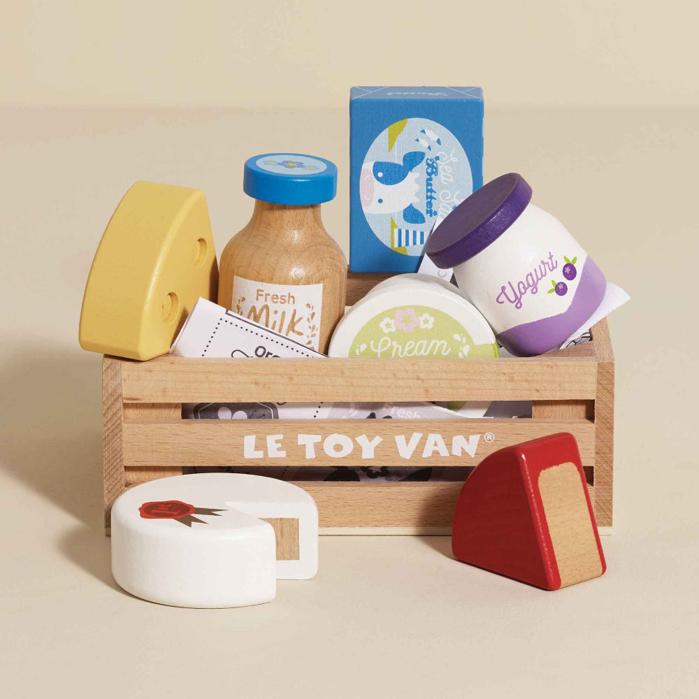 Le Toy Van wooden cheese and dairy crate with milk butter yogurt and three cheeses