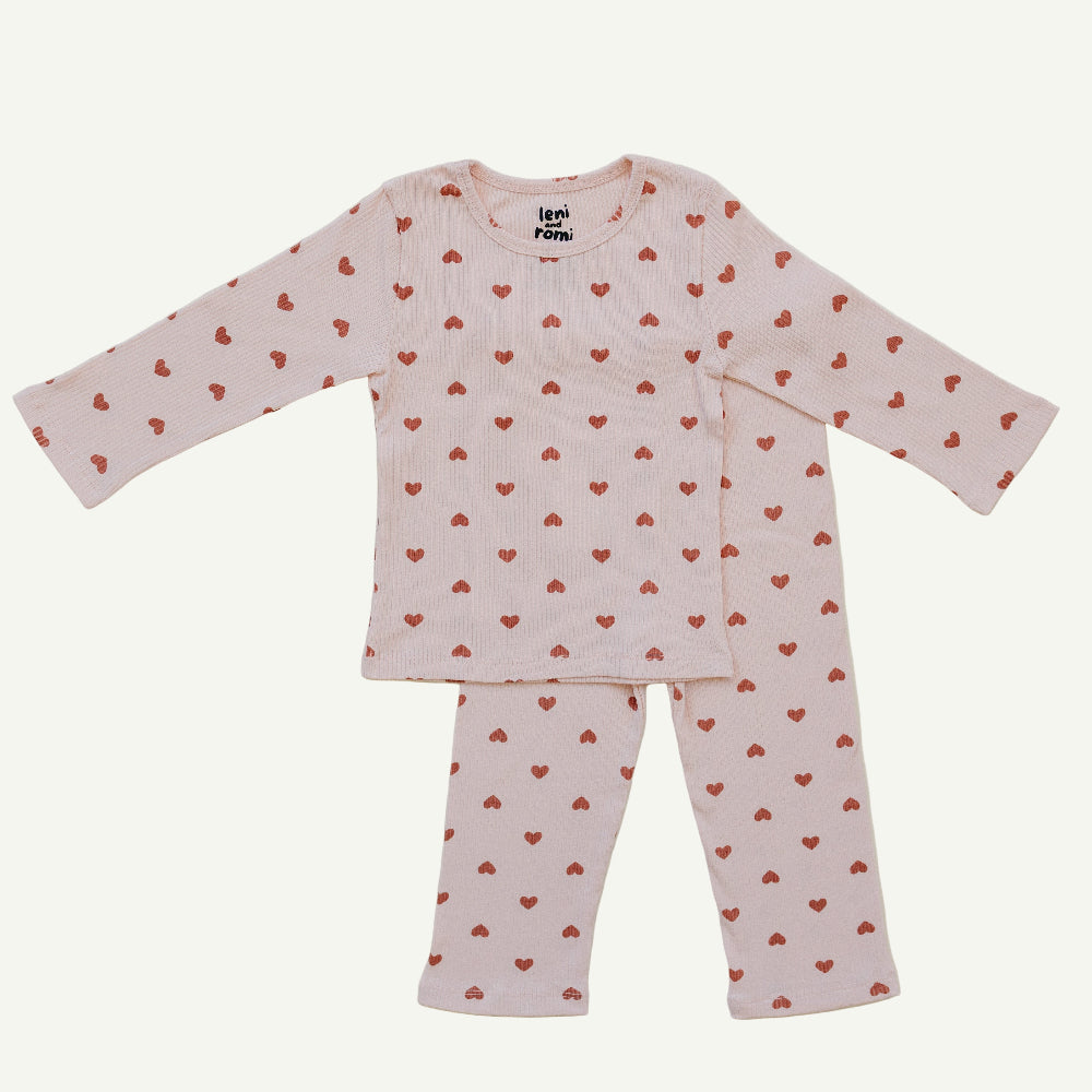 Dreamy Mauve Hearts ribbed cotton play set with mauve heart print on blush pink for children