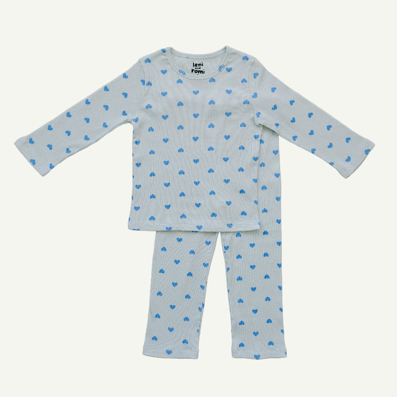 Skydream Blue Hearts ribbed cotton play set with blue heart print on blush pink for kids