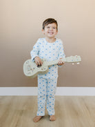 Child wearing Valentine Rose Hearts ribbed cotton play set during active indoor play