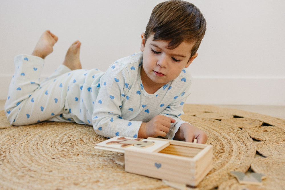 Young child wearing premium Korean-made ribbed set in Valentine Rose Hearts print