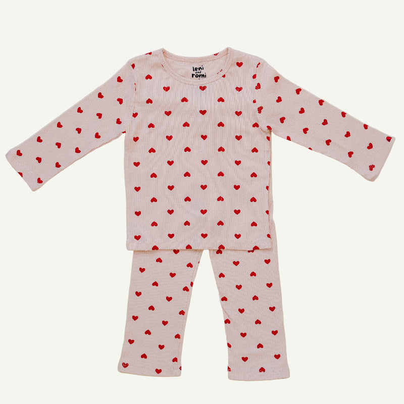 Valentine Rose Hearts ribbed cotton play set with red heart print on blush pink for kids
