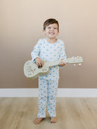 Child wearing Valentine Rose Hearts ribbed cotton play set during active indoor play