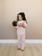 Young child wearing premium Korean-made ribbed set in Valentine Rose Hearts print