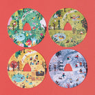 Four circular puzzles with different seasonal scenes on a pink background