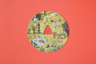 Circular design with illustrations of people and nature on a red background