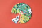Circular puzzle with colorful illustrations on a red background