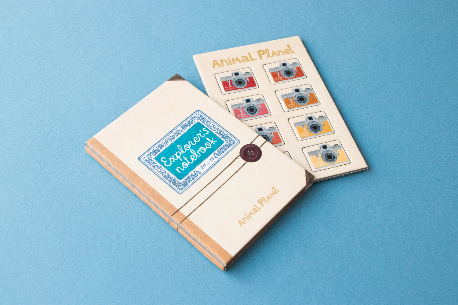 Notebook with stickers on a blue background