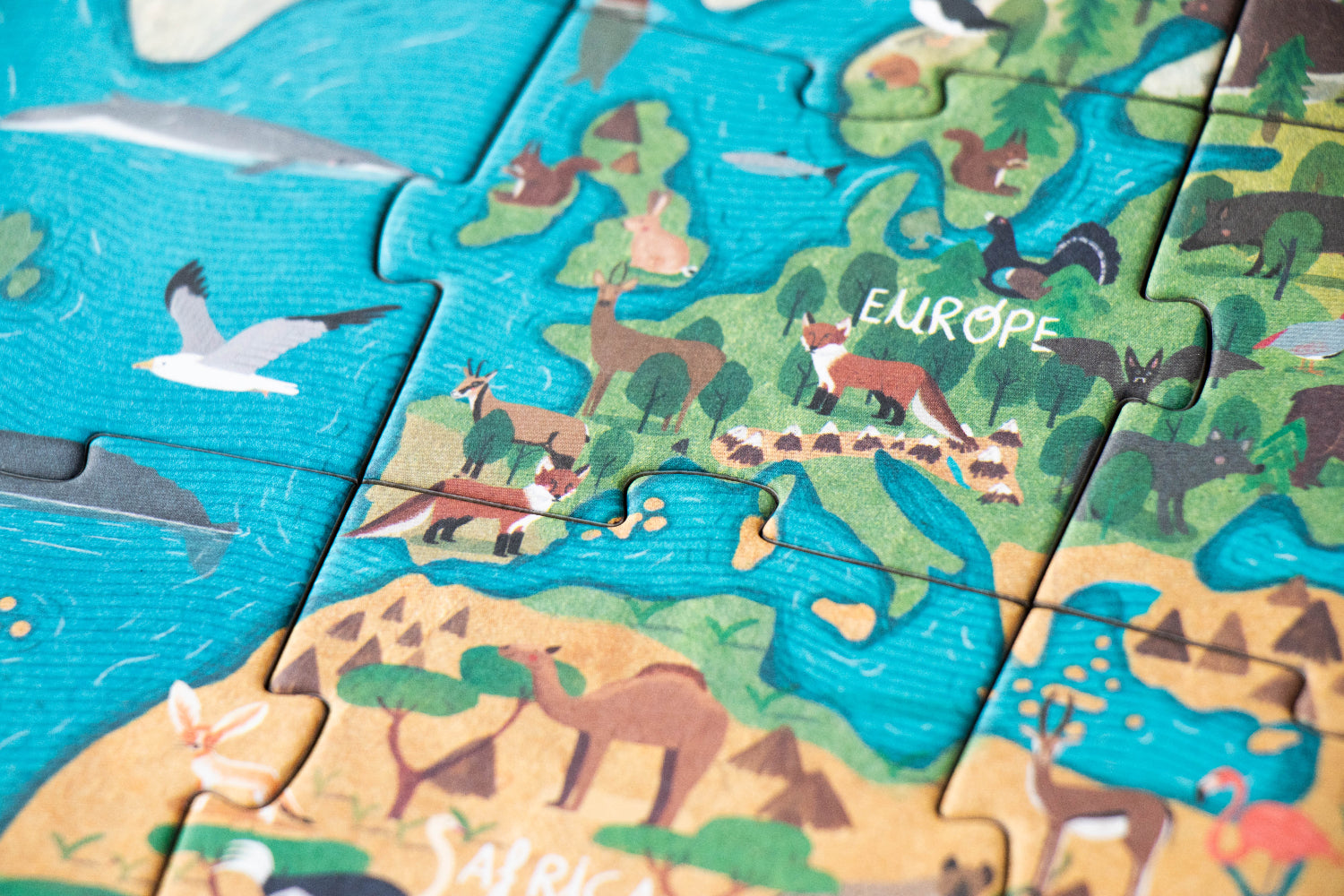 Wooden puzzle map of Europe with animals and borders