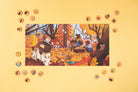 Illustration of bears in a forest setting with autumn leaves on a yellow background