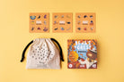 Puzzle boxes with animal illustrations on a yellow background