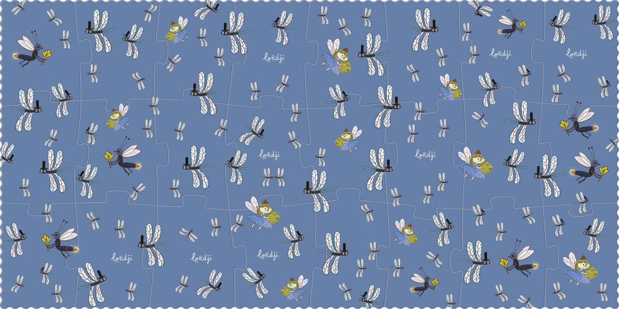 Pattern of dragonflies and flowers on a blue background