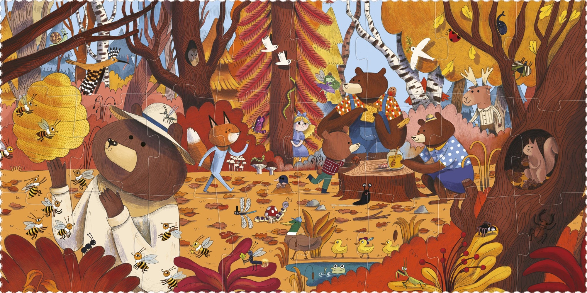 Colorful illustration of animals in a forest setting with trees and autumn leaves.